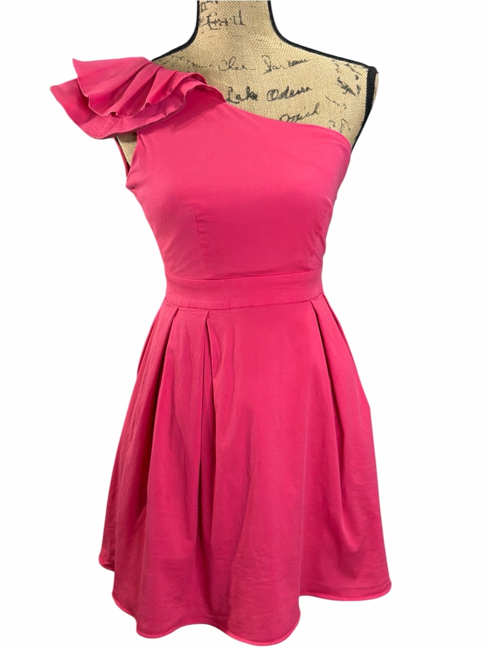 Minuet Petite Hot Pink One-Shoulder Ruffle Shoulder Fit & Flare Dress. EC. Small